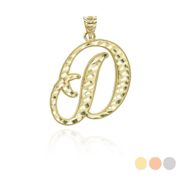 Solid 14K Gold CZ Cut Cursive Initial Letter D Pendant - Yellow, Rose, or White